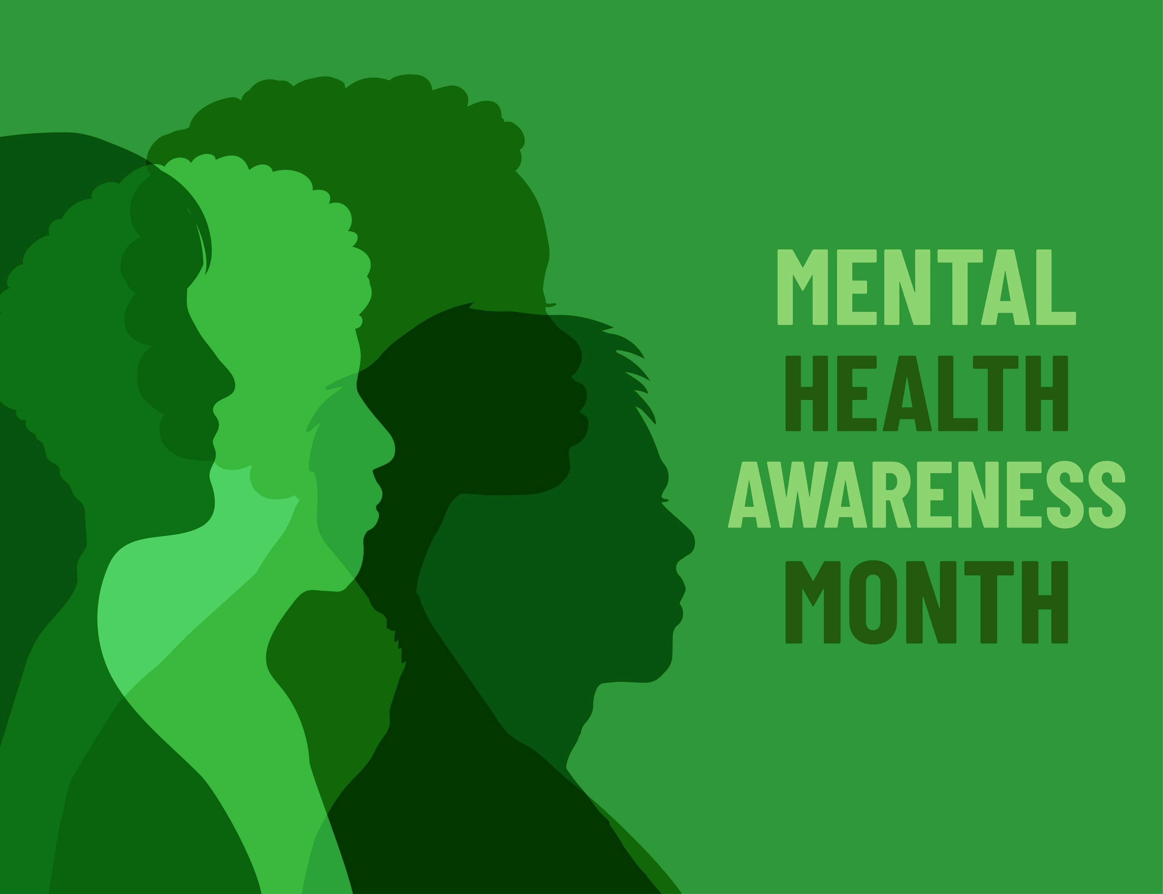 Green infographic with various silhouettes of faces reading "Mental Health Awareness Month"
