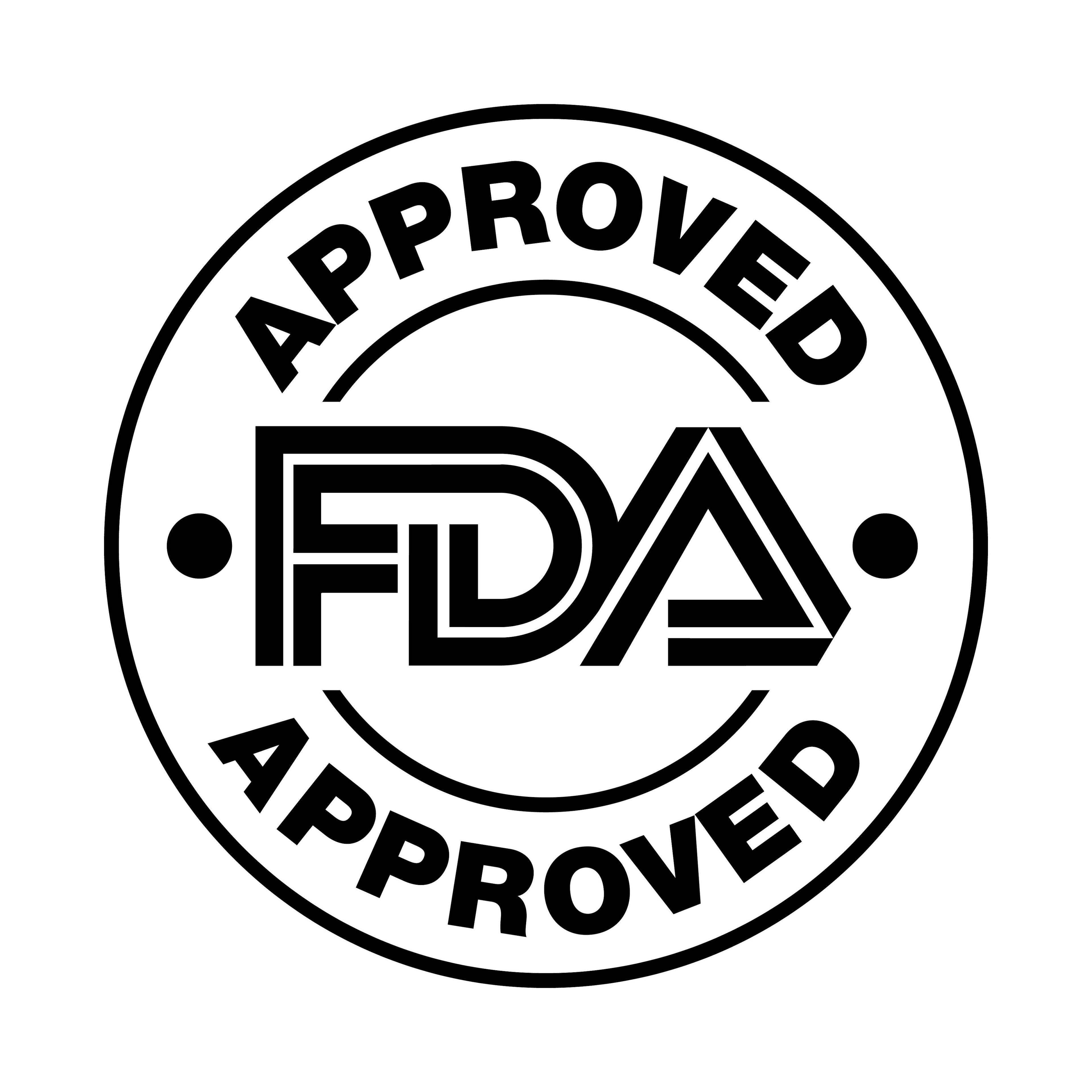 Black letters "FDA Approved" on white background